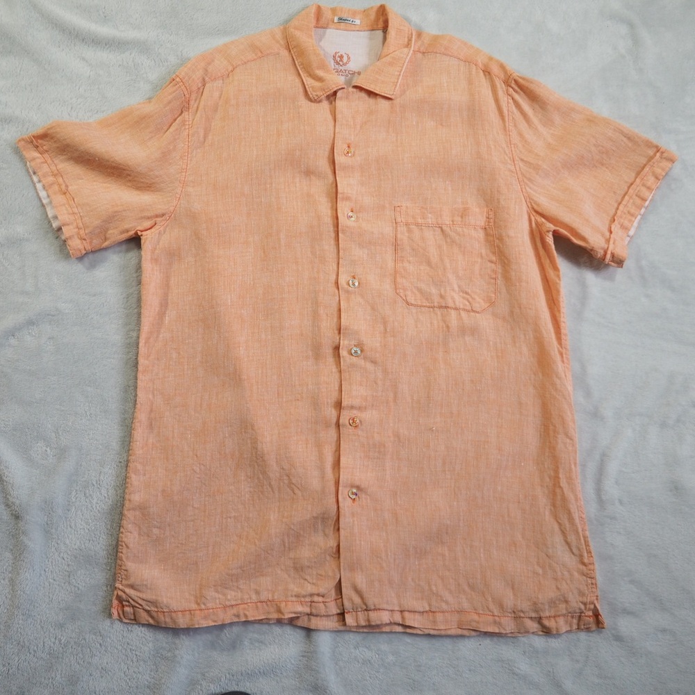 Bugatchi Sz L Peach Short-Sleeve Casual Button-Down Shirt 100% Linen